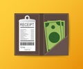 Leather folder for cash, coins and cashier check. Thanks for the service in the restaurant. Vector illustration